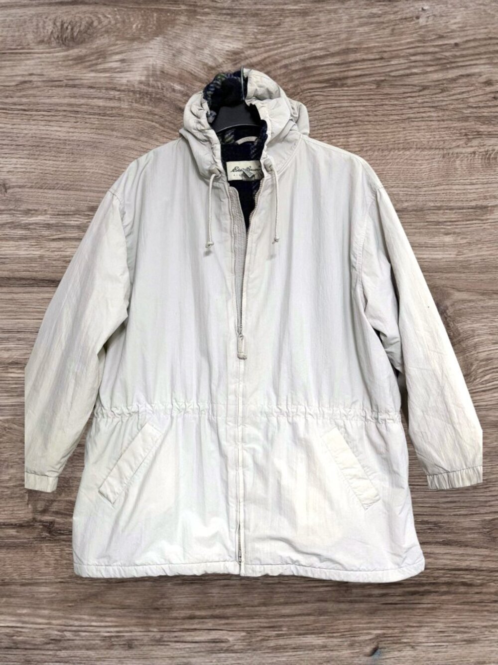 Vintage Eddie Bauer Tan Stone Plaid Flannel Lined Hooded Parka Jacket Womens XXL